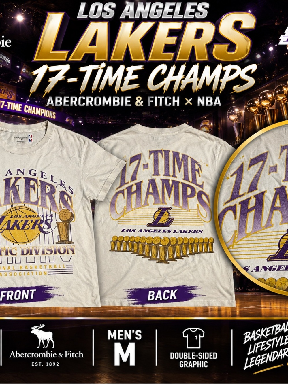 Abercrombie & Fitch NBA Lakers T Shirt Mens M 17 Time Champs Double Sided
